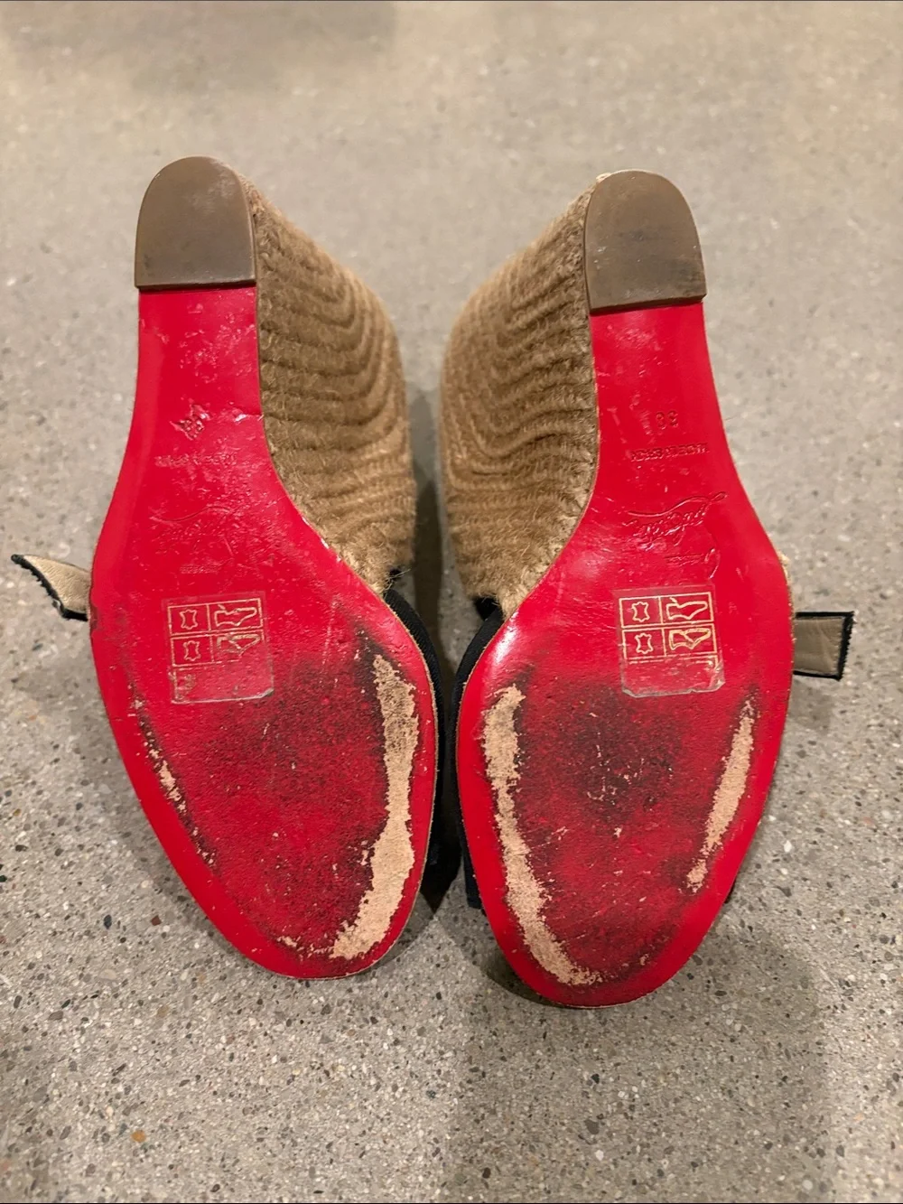 Christian Louboutin Black Canvas and Natural Woven Espadrille Wedges